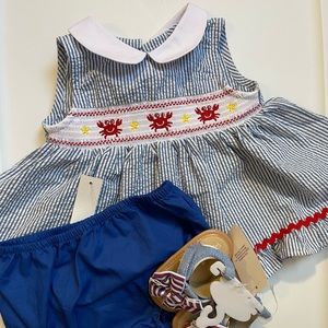6 month blue pinstripe dress and shoe set crabs summer NWT